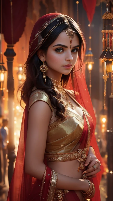 In the bustling streets of a vibrant Indian city, amidst the kaleidoscope of colors and scents, a woman (((Selena Gomez:Emma Watson:0.7))) clad in a vibrant gold saree and a black blouse becomes an ethereal sight that captivates all who lay eyes upon her. Her undeniable beauty transcends time and space, leaving onlookers spellbound.

Describe the scene as the woman, with her graceful presence, glides through a crowded marketplace, where merchants and shoppers pause to admire her radiance. The atmosphere is alive with whispers as her mesmerizing allure evokes a sense of awe and admiration.

Embark on a journey to reveal the woman’s story—her name, her background, her passions—and the reasons behind her choice of attire. Explore her persona, intertwining elements of mystery and allure, as people speculate on the secrets hiding behind her enchanting gaze.

Incorporate the sights, sounds, and emotions that surround this extraordinary woman, as she navigates through the city’s vibrant tapestry. Whether it be the scent of freshly ground spices, the distant sound of temple bells, or the intricate henna designs adorning her hands, immerse the reader in the sensory experience of this captivating moment.

As the story unfolds, her path intertwines with that of a curious photographer who becomes determined to capture her undeniable beauty in a single photograph. Describe their encounters, the photographer’s attempts to understand her story, and the profound impact this woman’s presence has on his own life.