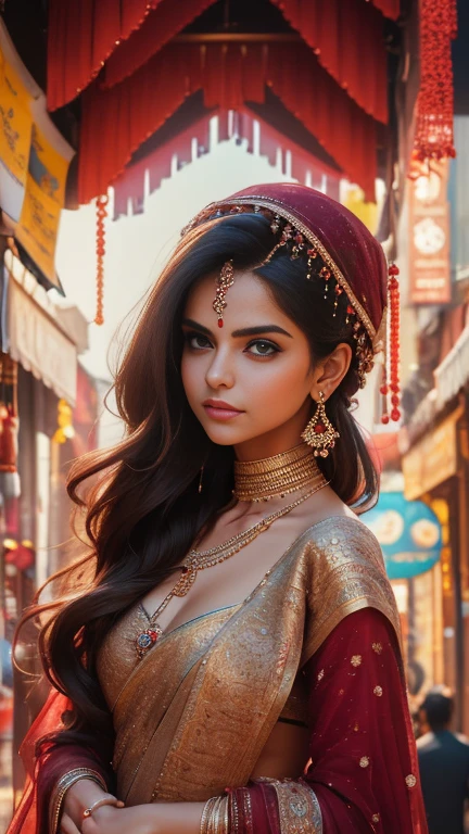 In the bustling streets of a vibrant Indian city, amidst the kaleidoscope of colors and scents, a woman (((Selena Gomez:Emma Watson:0.7))) clad in a vibrant gold saree and a black blouse becomes an ethereal sight that captivates all who lay eyes upon her. Her undeniable beauty transcends time and space, leaving onlookers spellbound.

Describe the scene as the woman, with her graceful presence, glides through a crowded marketplace, where merchants and shoppers pause to admire her radiance. The atmosphere is alive with whispers as her mesmerizing allure evokes a sense of awe and admiration.

Embark on a journey to reveal the woman’s story—her name, her background, her passions—and the reasons behind her choice of attire. Explore her persona, intertwining elements of mystery and allure, as people speculate on the secrets hiding behind her enchanting gaze.

Incorporate the sights, sounds, and emotions that surround this extraordinary woman, as she navigates through the city’s vibrant tapestry. Whether it be the scent of freshly ground spices, the distant sound of temple bells, or the intricate henna designs adorning her hands, immerse the reader in the sensory experience of this captivating moment.

As the story unfolds, her path intertwines with that of a curious photographer who becomes determined to capture her undeniable beauty in a single photograph. Describe their encounters, the photographer’s attempts to understand her story, and the profound impact this woman’s presence has on his own life.