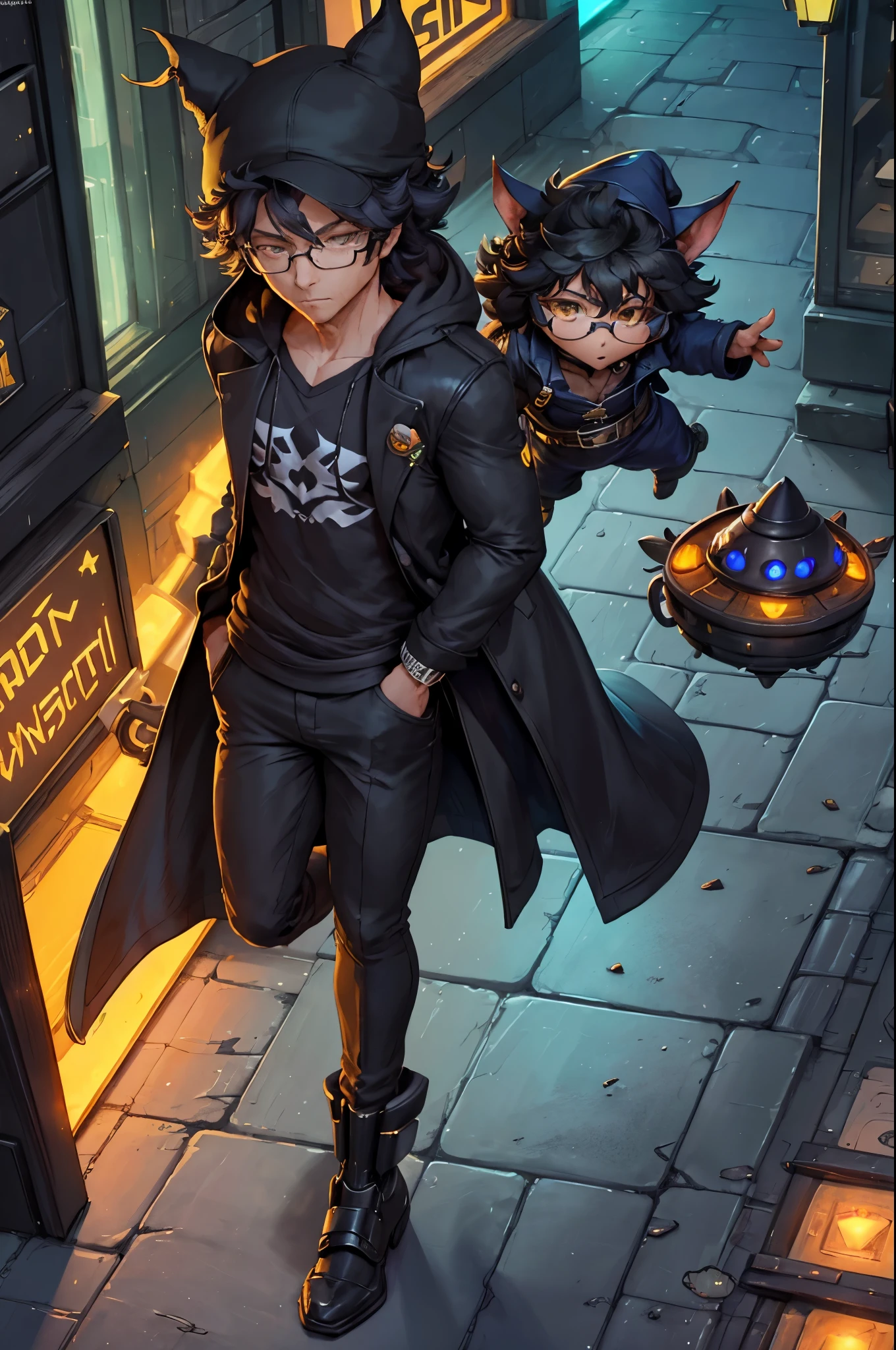 Quality 4k, Solo, Male, Adult, Goblin, Short, (Wizard Hat), Shadow Cat Familiar, Glasses, (Black Poofy Hair), Bright Yellow Eyes, Shop Owner, (Cybernetic Enhancement parts), Cyberpunk Setting, Shop Background, Night time