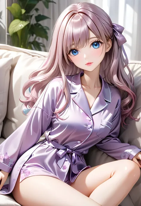 (masterpiece, best quality: 1.2),Barbie doll, ，Exquisite eyes,， （（Silk Pajamas））Sitting on the sofa（8K）（HD）