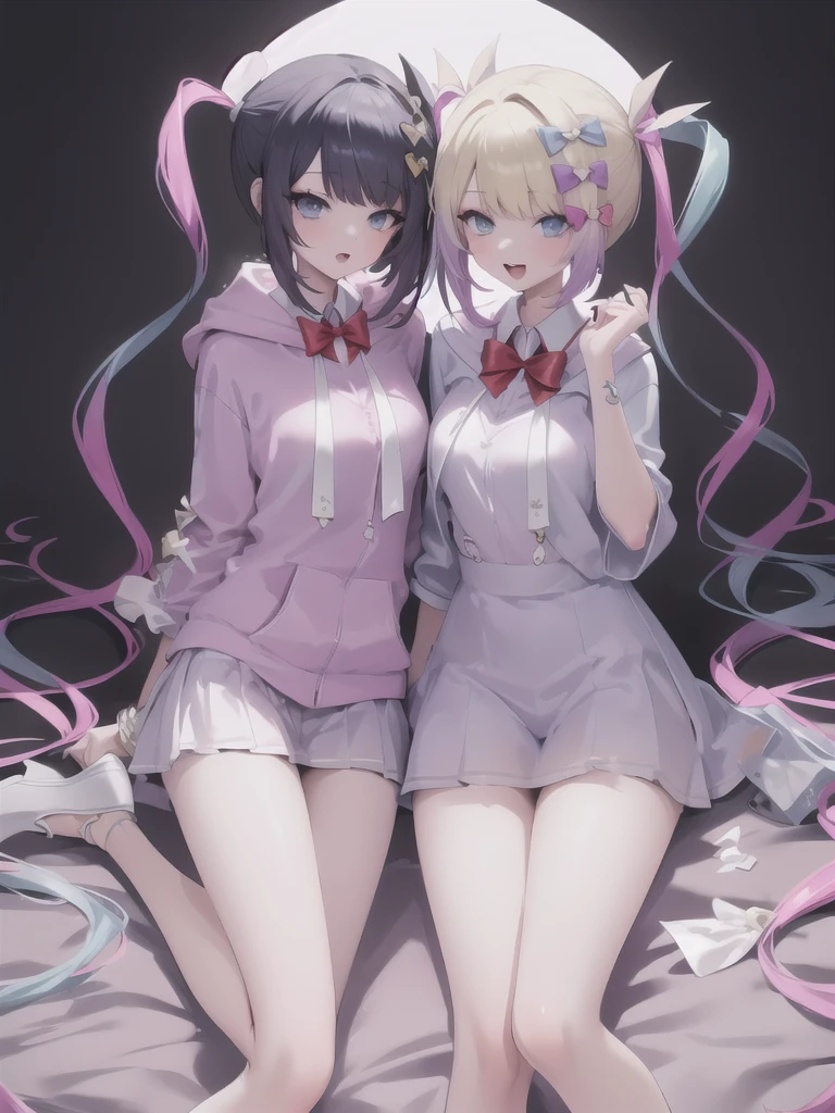 (1girl in), masutepiece, Best Quality, superfine illustration, a very pretty girl, extremely detailed beautiful face, Looking at Viewer, 1girl in, Belt bag, gros-plan, Looking at Viewer, 4K, hight resolution, bow ribbon, Phyllis Mistrout, blush, POV, twin-tail hair, White background, Simple background, thick outline, Purple eyes, (sleep), Brown hair, Chibi, expression of love,  ((Brown hair)),