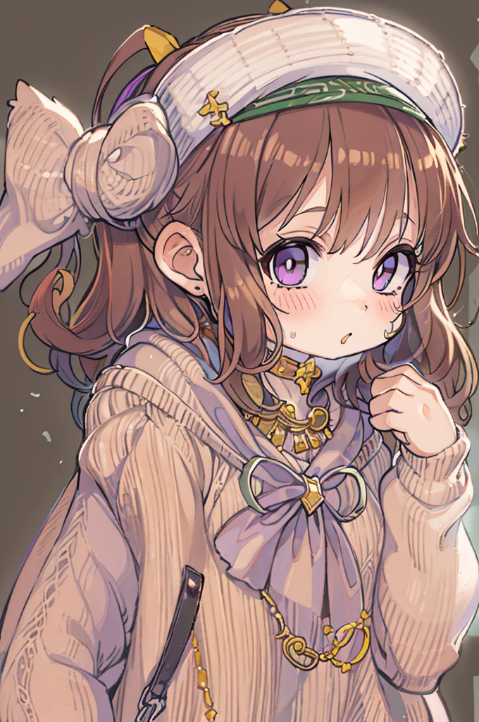 (1girl in), masutepiece, Best Quality, superfine illustration, a very pretty girl, extremely detailed beautiful face, Looking at Viewer, 1girl in, Belt bag, gros-plan, Looking at Viewer, 4K, hight resolution, bow ribbon, Phyllis Mistrout, blush, POV, twin-tail hair, White background, Simple background, thick outline, Purple eyes, (sleep), Brown hair, Chibi, expression of love,  ((Brown hair)),