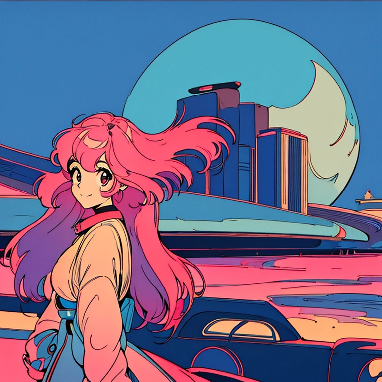 masterpiece, City Pop Style, Pink Hair, Long Hair, alone, Futuristic, Retro, Vintage, A light smile, Overlooking the night view, City, avert your eyes, backstyle