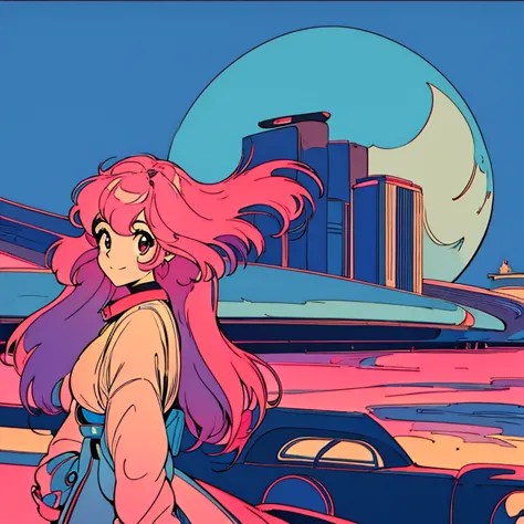 masterpiece, City Pop Style, Pink Hair, Long Hair, alone, Futuristic, Retro, Vintage, A light smile, Overlooking the night view,...