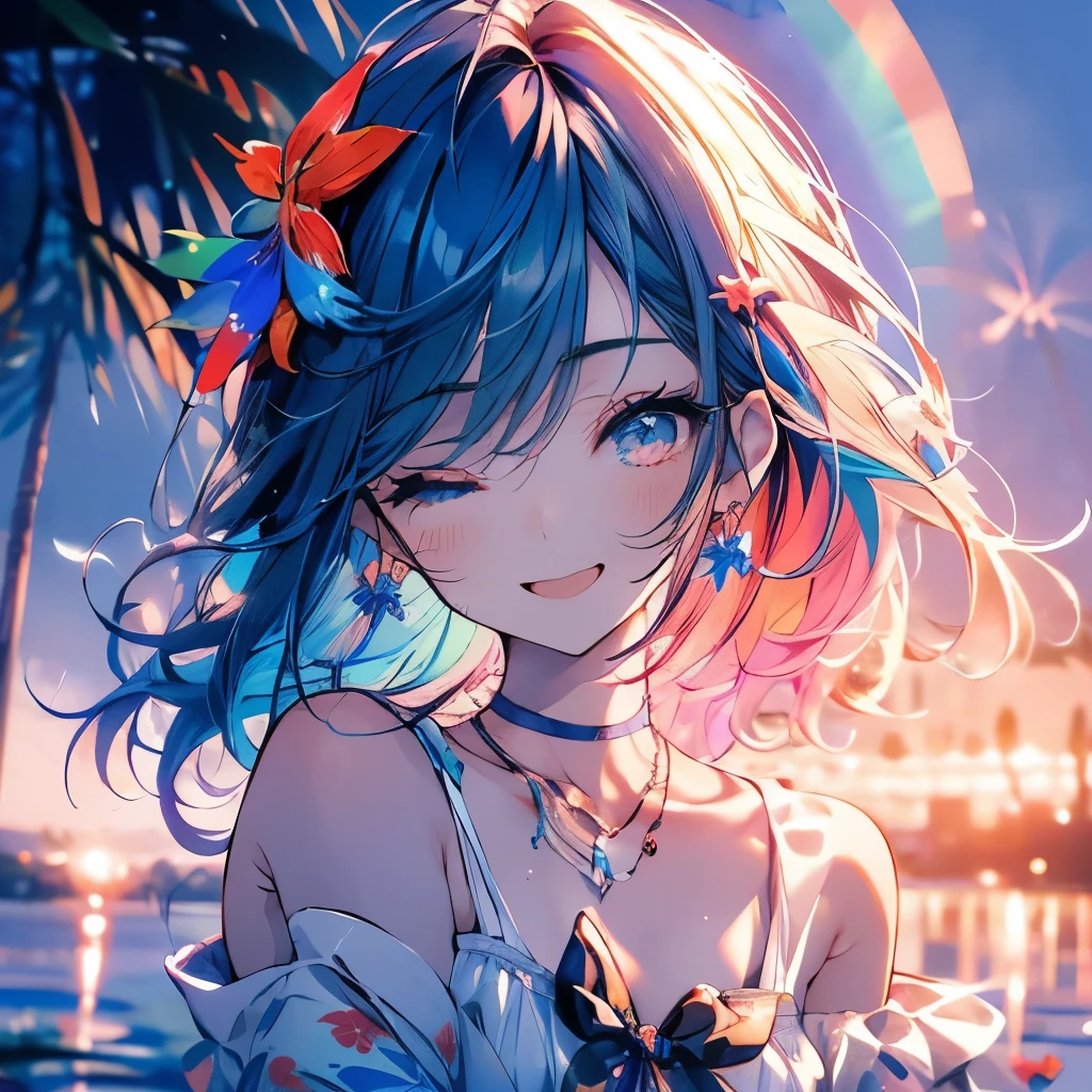 Masterpiece、Rainbow Hair、Delicate eyes、smile、Tied up hair、Beautiful hair ornament、Upper Body、(((Close your eyes and open your mouth to smile)))、night、Ocean、Palm tree