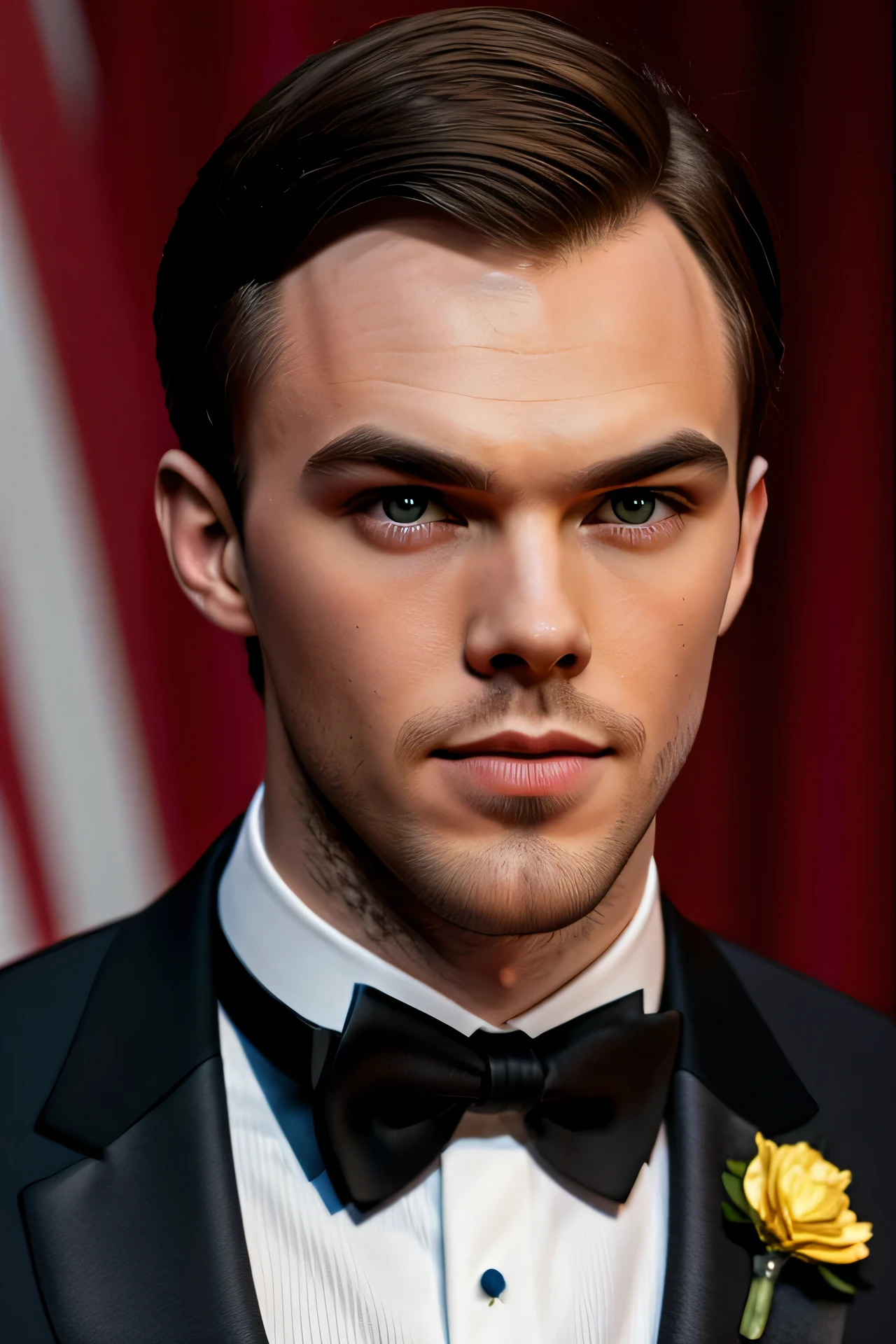 Actor Nicholas Hoult, half body shot, detailed face, detailed representation of the face, detailed eyes, high quality, high resolution, best image, whole body shot wearing tuxedo outfit, facing the audience, 8k, high quality, colorful background, light contrast