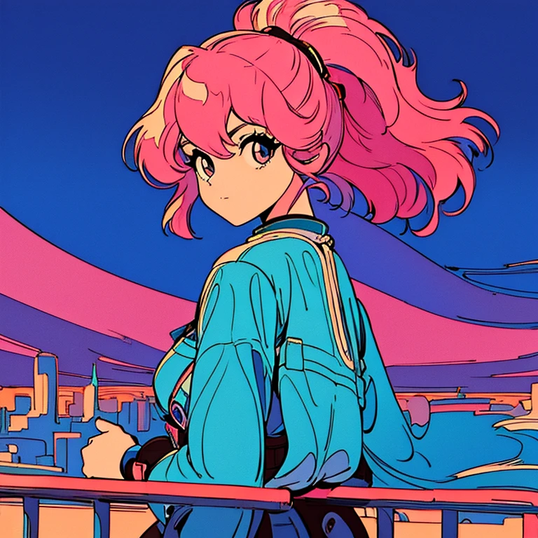 masterpiece, City Pop Style, Pink Hair, Smooth long hair, alone, Futuristic, Retro, Vintage, Overlooking the night view, City, avert your eyes, lonely, backstyle