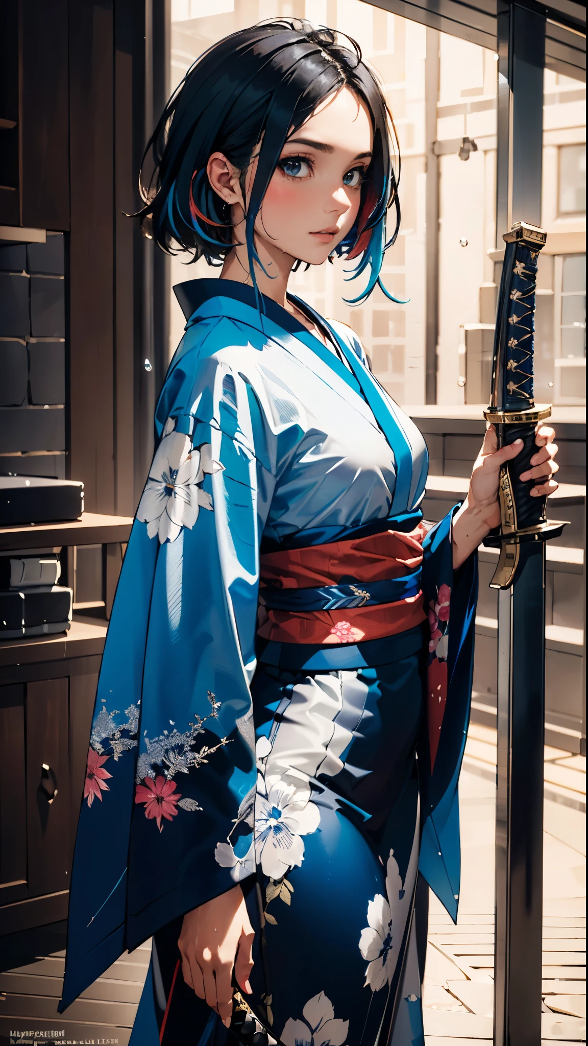 (Best quality, Masterpiece, colourfull, Angle dynamique, Most Detailed)Photo du corps entier, ull body photo epic realiste, (Gros plan), 1fille, Bleu flottant_cheveux, cheveux longs, (Eau:0.7), Waterdrop, wet, possession_Katana, bleu_kimono avec motif complexe, Ultra detailded, (textured_Clothes), noir_background,  (Intricate details, hyperdetailed:1.15), Detailed, Light passing through the hair, (Art officiel, extremly detailed, Most Detailed),