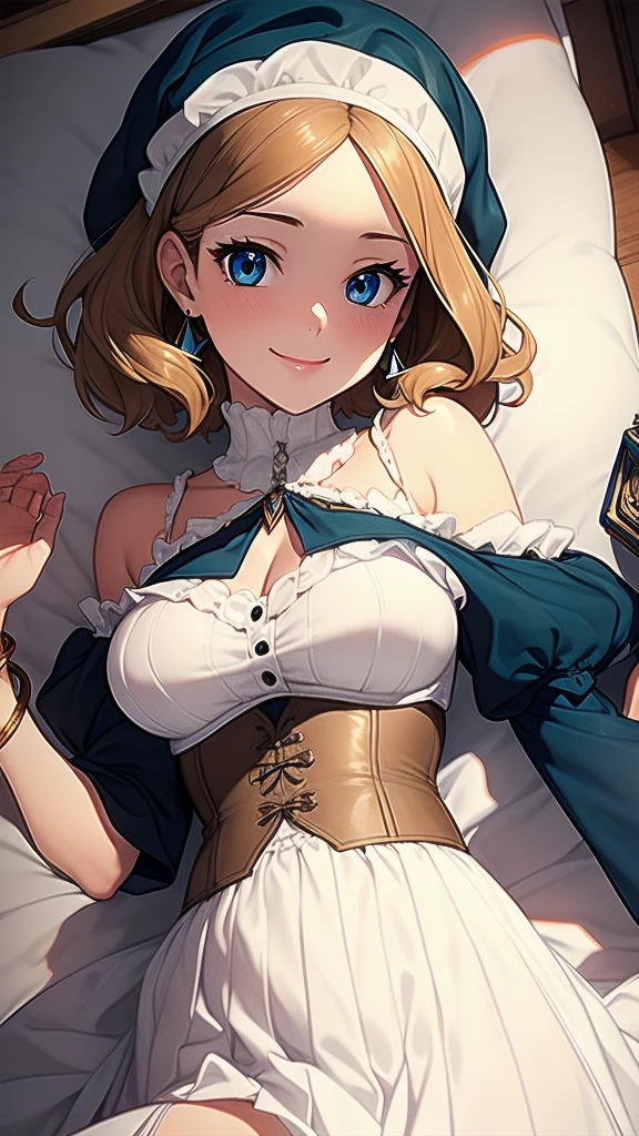 masterpiece, best quality, 1 solo girl, dark blonde hair, blue eyes, short hair, medium breasts, sexy body and face, wavy hair, smile, early 1800s modest dress with silk or cotton, bonnets, corsets with aristocrat status, shawls, white gloves, high necklines, long sleeves, and a fitted bodice with a full skirt, under tied the chin, with ribbons, pendant, bracelet, jewelry, earrings, feather hair ornament, book, lying at the bed, night, sexy pose, cowboy shots, detailed body, face, and eyes, sharp focus, vibrant, creative, dynamic, high definition, high resolution, 8k, (Upscale: R-ESRGAN 4x+ Anime6mage enchance:4x), voluptuous body, cinema lightning, dakimakura style, looking at the viewer,