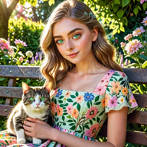 a girl with a cat, detailed facial features, green eyes, long eyelashes, cute expression, sitting on a garden bench, sunlight fi...