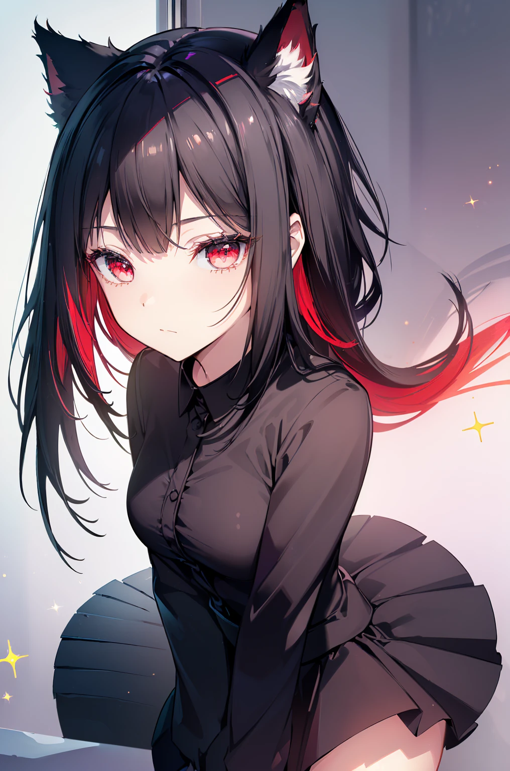 (Cat girl), (smoking), cat ears, black hair, business casual attire, cool, red dress shirt, pretty red eyes, cat tail, ((Crimson Red Eyes eyes: 1.3, Upturned Eyes: 1, Perfect Eyes, Beautiful Detailed Eyes, Gradient eyes: 1, Finely Detailed Beautiful Eyes: 1, Symmetrical Eyes: 1, Big Highlight On Eyes: 1.2)), (((Lustrous Skin: 1.5, Bright Skin: 1.5, Skin Fair, Shiny Skin, Very Shiny Skin, Shiny Body, Plastic Glitter Skin, Exaggerated Shiny Skin, Illuminated Skin))), (Detailed Body, (Detailed Face)), (((Skirt))), High Resolution, Sharp Focus, Ultra Detailed, Extremely Detailed, Extremely High Quality Artwork, (Realistic, Photorealistic: 1.37), 8k_Wallpaper, (Extremely Detailed CG 8k), (Very Fine 8K CG), ((Hyper Super Ultra Detailed Perfect Piece)), (((Flawless masterpiece))), Illustration, Vibrant Colors, (Intricate), High Contrast, Selective Lighting, Double Exposure, HDR (High Dynamic Range), Post-processing, Background Blur