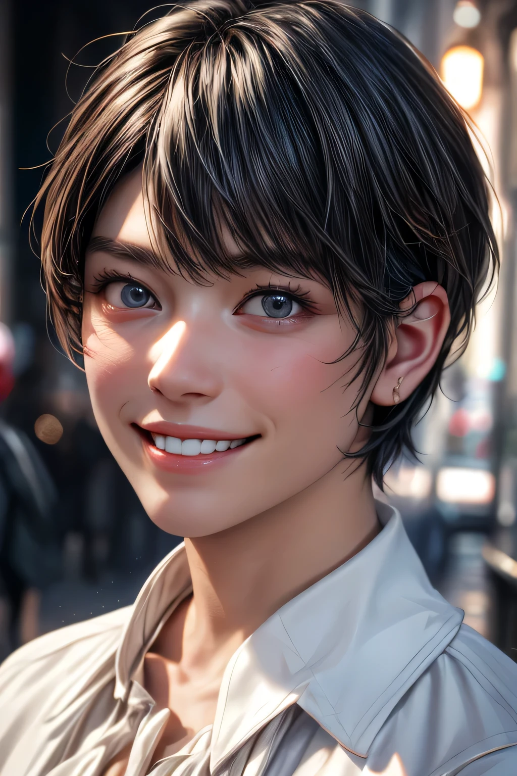 (NSFW:-1.5), (masterpiece:1.3), (8k, photorealistic, RAW photo, best quality: 1.4), 
cinematic lighting, 
(1boy), beautiful face, (realistic face), 
beautiful hairstyle, (short hair:1.5),
realistic eyes, beautiful detailed eyes, 
(realistic skin), beautiful skin, 
(blouse), 
absurdres, attractive, 
ultra high res, ultra realistic, highly detailed, 
golden ratio, nibuakariLoRA, big smiling, teeth out, 
