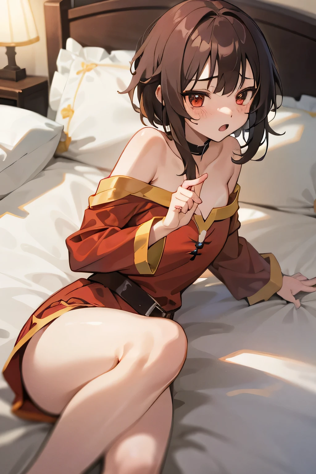 Anime girl in a brown dress laying on a bed - SeaArt AI