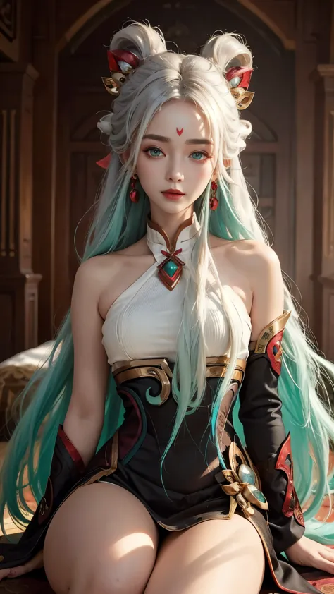 (masterpiece, best quality:1.2), intricate details, mythmaker irelia, 1girl, hair ornament, hair rings, bare shoulders, dress, d...