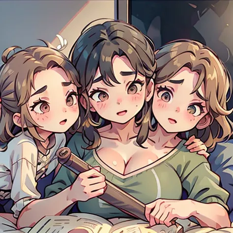 A busty two headed woman with an older woman and a younger girl as her two heads. She’s at a sleepover with the younger girl hea...