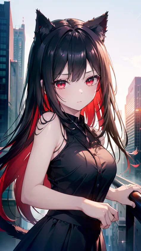 (Cat girl), (smoking), cat ears, black hair, business casual attire, cool, red dress shirt, pretty red eyes, cat tail, ((Crimson...