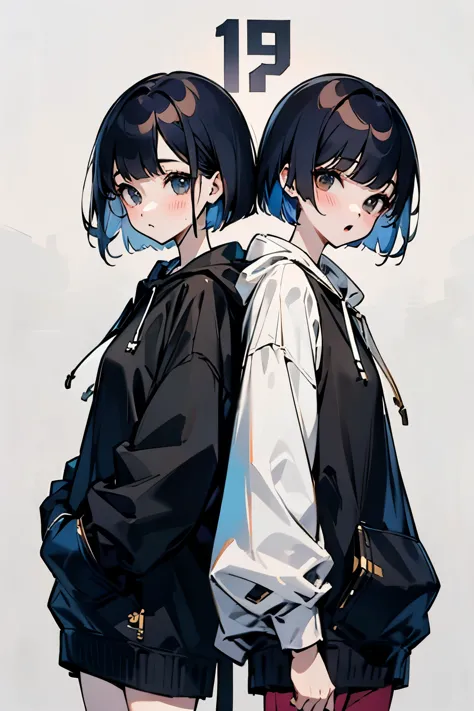 Female duo、Shortcuts、Short Bob、
Matching outfit of black and white hoodieine system、cute