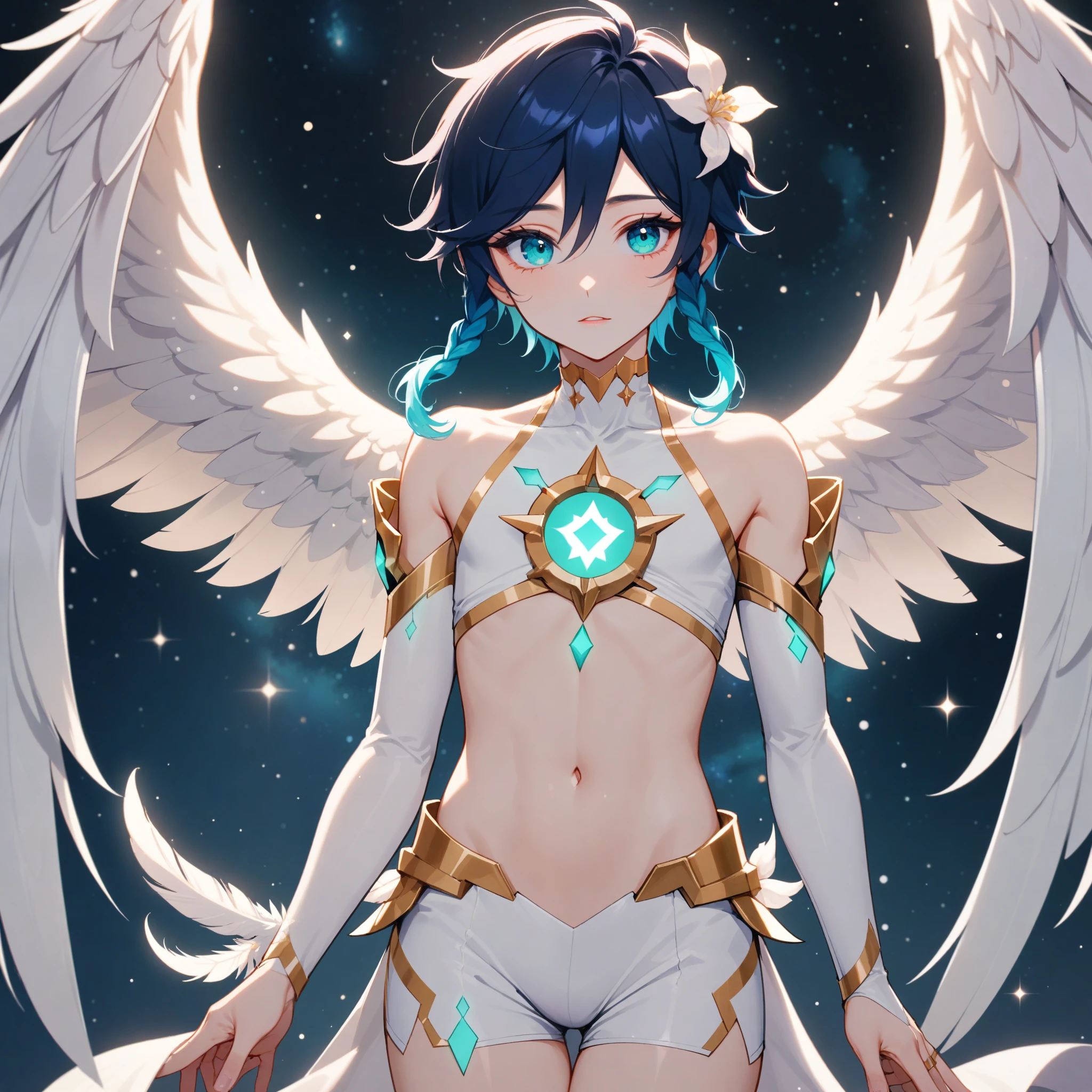 masterpiece,best quality,very aesthetic,absurdres,1boy,venti_/(archon/)_/(genshin_impact/),male_focus,detailed_eyes,(gnns:0.25),white feathered_wings,white halter_crop top,white shorts,hair_flower,midriff,black blue hair gradient,dsmile,((flat chest)),starry_sky,moon,starry_sky_print,((bluegreen eyes)),slender,feathers,divine,detailed_eyes,long_eyelashes,pink_lips,glossy lips,narrow_waist,wide_hips,bare stomach,seductive,flirtatious,iridescent volumetric light, god rays, heavenly,cosmic,celestial,