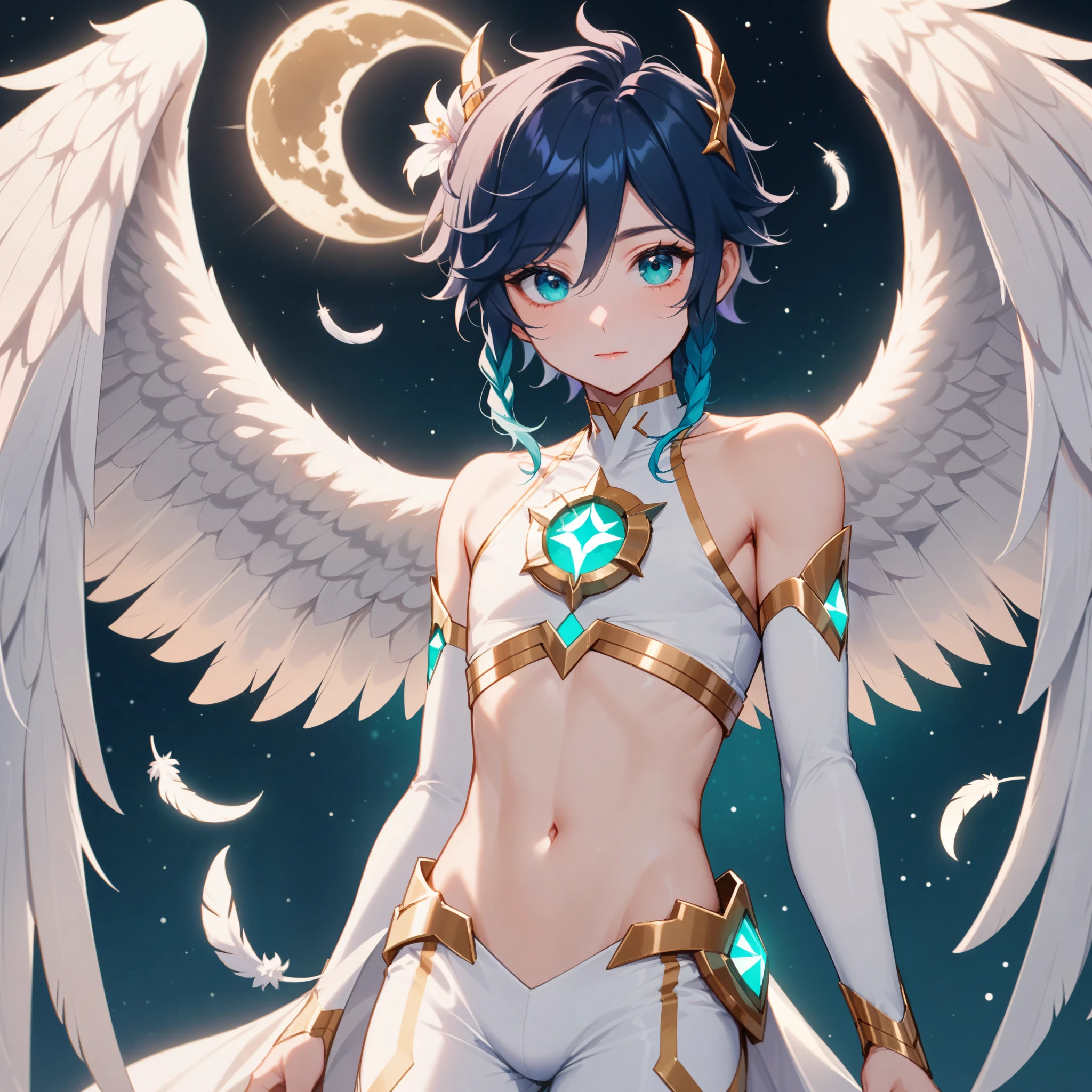 masterpiece,best quality,very aesthetic,absurdres,1boy,venti_/(archon/)_/(genshin_impact/),male_focus,detailed_eyes,(gnns:0.25),white feathered_wings,white halter_crop top,white shorts,hair_flower,midriff,black blue hair gradient,dsmile,((flat chest)),starry_sky,moon,starry_sky_print,((bluegreen eyes)),slender,feathers,divine,detailed_eyes,long_eyelashes,pink_lips,glossy lips,narrow_waist,wide_hips,bare stomach,seductive,flirtatious,iridescent volumetric light, god rays, heavenly,cosmic,celestial,