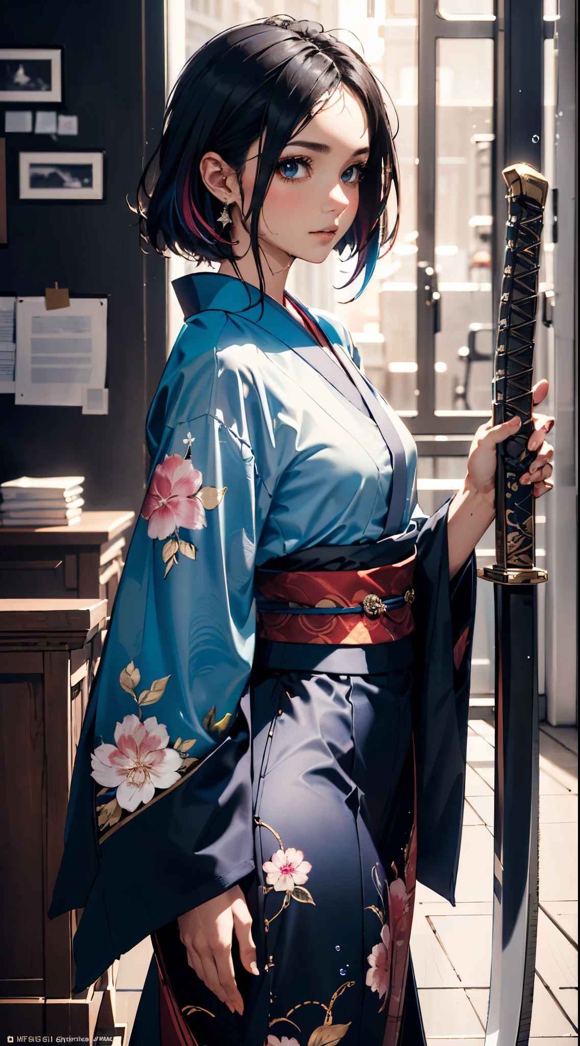 (Best quality, Masterpiece, colourfull, Angle dynamique, Most Detailed)Photo du corps entier, ull body photo epic realiste, (Gros plan), 1fille, Bleu flottant_cheveux, cheveux longs, (Eau:0.7), Waterdrop, wet, possession_Katana, bleu_kimono avec motif complexe, Ultra detailded, (textured_Clothes), noir_background,  (Intricate details, hyperdetailed:1.15), Detailed, Light passing through the hair, (Art officiel, extremly detailed, Most Detailed),