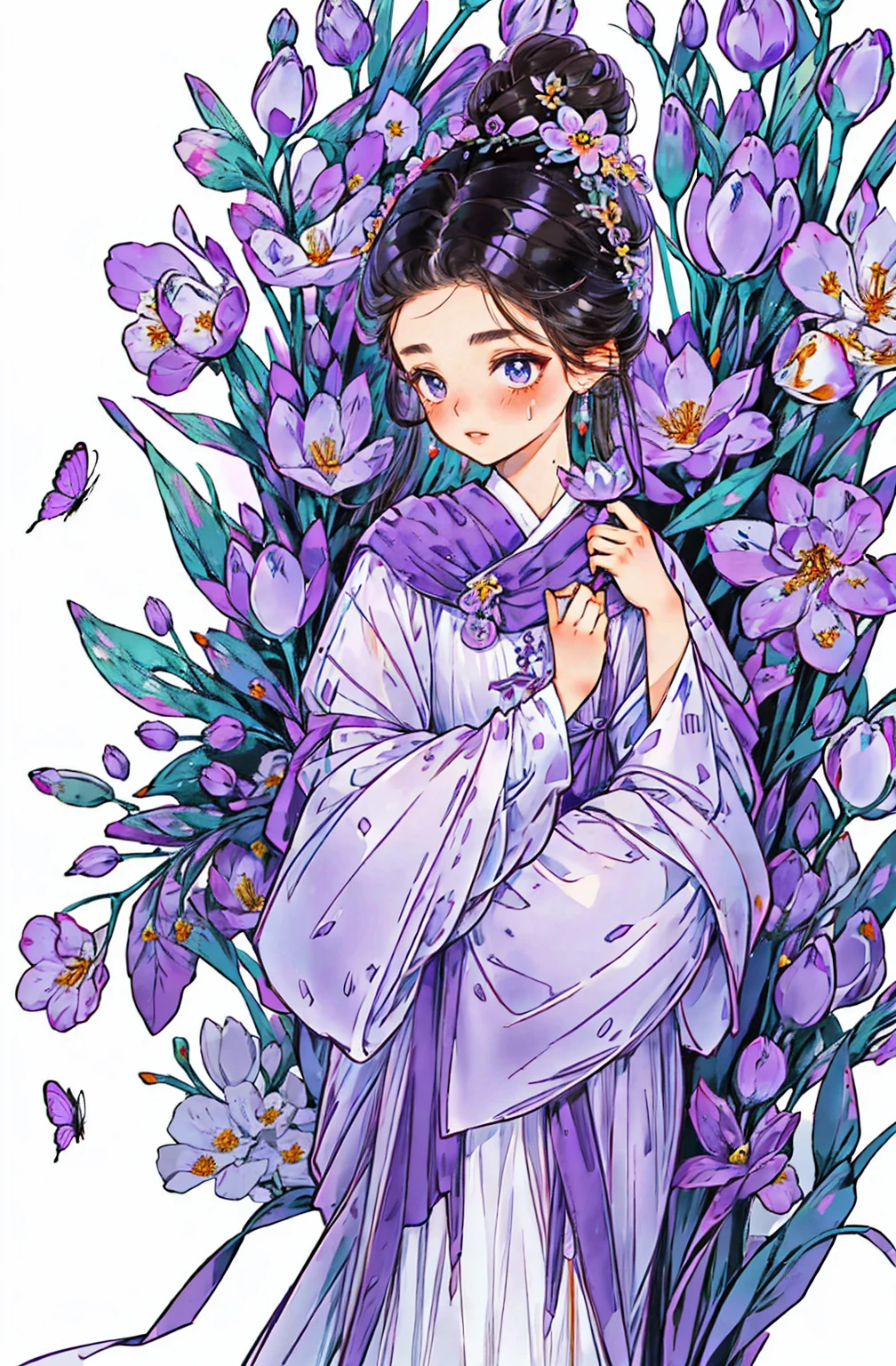 1 sister, alone, looking at the audience, Blushed, background with, black hair color hair, hair accessories, long sleeve, White background, Everlasting, Full body female love, flowers bloom, Purple, hair flower, bun, Butterfly, masterpiece, recent quality, best details, clear facial features, beautiful eyes