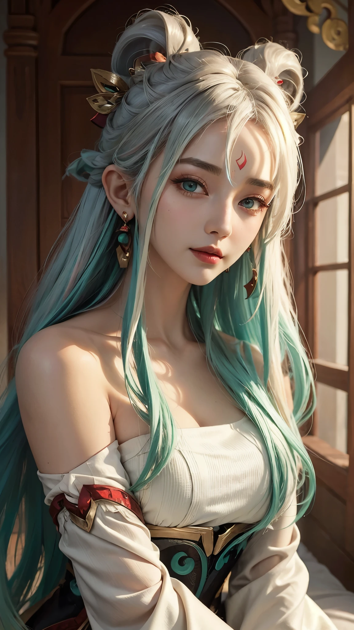 (masterpiece, best quality:1.2), intricate details, mythmaker irelia, 1girl, hair ornament, hair rings, bare shoulders, dress, detached sleeves, forehead mark, multicolored hair, white hair, earrings, green eyes, textured skin, looking at viewer, solo, light smile, (mature female:1.2)