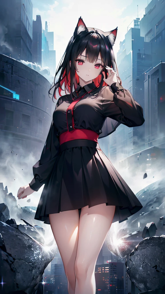 (Cat girl), (smoking), cat ears, black hair, business casual attire, cool, red dress shirt, pretty red eyes, cat tail, ((Crimson Red Eyes eyes: 1.3, Upturned Eyes: 1, Perfect Eyes, Beautiful Detailed Eyes, Gradient eyes: 1, Finely Detailed Beautiful Eyes: 1, Symmetrical Eyes: 1, Big Highlight On Eyes: 1.2)), (((Lustrous Skin: 1.5, Bright Skin: 1.5, Skin Fair, Shiny Skin, Very Shiny Skin, Shiny Body, Plastic Glitter Skin, Exaggerated Shiny Skin, Illuminated Skin))), (Detailed Body, (Detailed Face)), (((Skirt))), High Resolution, Sharp Focus, Ultra Detailed, Extremely Detailed, Extremely High Quality Artwork, (Realistic, Photorealistic: 1.37), 8k_Wallpaper, (Extremely Detailed CG 8k), (Very Fine 8K CG), ((Hyper Super Ultra Detailed Perfect Piece)), (((Flawless masterpiece))), Illustration, Vibrant Colors, (Intricate), High Contrast, Selective Lighting, Double Exposure, HDR (High Dynamic Range), Post-processing, Background Blur
