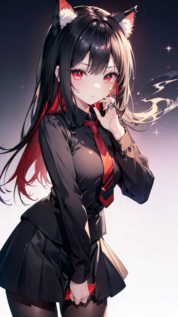 (Cat girl), (smoking), cat ears, black hair, business casual attire, cool, red dress shirt, pretty red eyes, cat tail, ((Crimson Red Eyes eyes: 1.3, Upturned Eyes: 1, Perfect Eyes, Beautiful Detailed Eyes, Gradient eyes: 1, Finely Detailed Beautiful Eyes: 1, Symmetrical Eyes: 1, Big Highlight On Eyes: 1.2)), (((Lustrous Skin: 1.5, Bright Skin: 1.5, Skin Fair, Shiny Skin, Very Shiny Skin, Shiny Body, Plastic Glitter Skin, Exaggerated Shiny Skin, Illuminated Skin))), (Detailed Body, (Detailed Face)), (((Skirt))), High Resolution, Sharp Focus, Ultra Detailed, Extremely Detailed, Extremely High Quality Artwork, (Realistic, Photorealistic: 1.37), 8k_Wallpaper, (Extremely Detailed CG 8k), (Very Fine 8K CG), ((Hyper Super Ultra Detailed Perfect Piece)), (((Flawless masterpiece))), Illustration, Vibrant Colors, (Intricate), High Contrast, Selective Lighting, Double Exposure, HDR (High Dynamic Range), Post-processing, Background Blur
