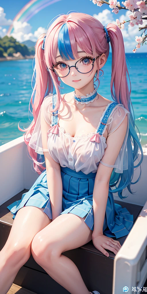 (masterpiece:1.2), (highest quality:1.2),, Curvy but slender body, perfect eyes, perfect face, perfect lighting, 1 girl,(rainbow colored hair, colorful hair, Half blue、half pink hair: 1.2),  cherry blossoms、 Glasses、（cute shirt），（whole bodyが見える），spring、（painted on steel、Transparent sexy clothes、polka dots、lace skirt），curly hair, Clothes with short sleeves, 、In the sea、on the boat、, compensate, eye shadow, small breasts、thick eyelashes, fantasy, looking at the viewer, whole body，alice in wonderland、blue sky、Bright and beautiful face、young shiny glossy white shiny skin、the best beauty、the most beautiful in the world、thin hair、long hair、Shining beautiful bangs、big shining blue eyes、very beautiful and lovely 8 year old, the most beautiful girl in the world、twin tails、Glasses、a disappointed face、Waiting for a kiss、smile