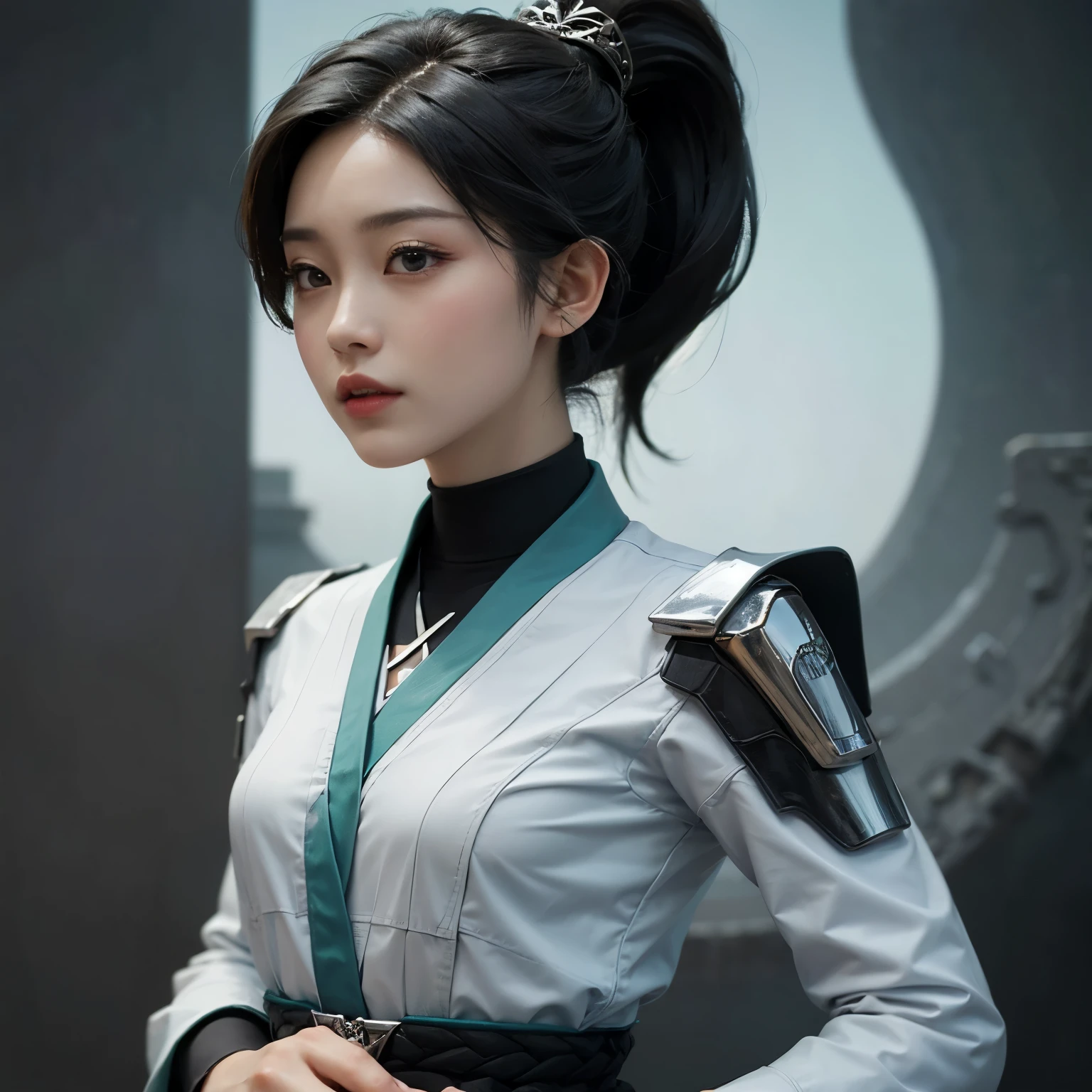 ((best quality)), ((masterpiece)), (detailed), perfect face. Asian girl. Black hair. Black eyes. Ponytail. 