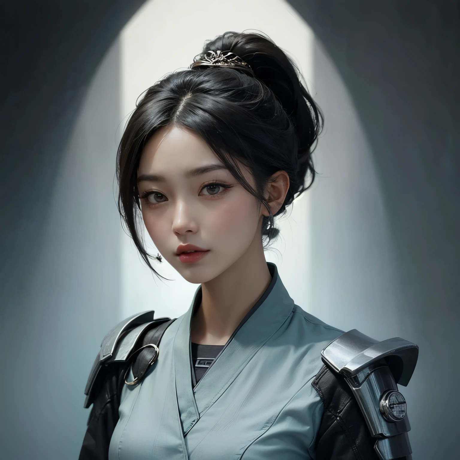 ((best quality)), ((masterpiece)), (detailed), perfect face. Asian girl. Black hair. Black eyes. Ponytail. 