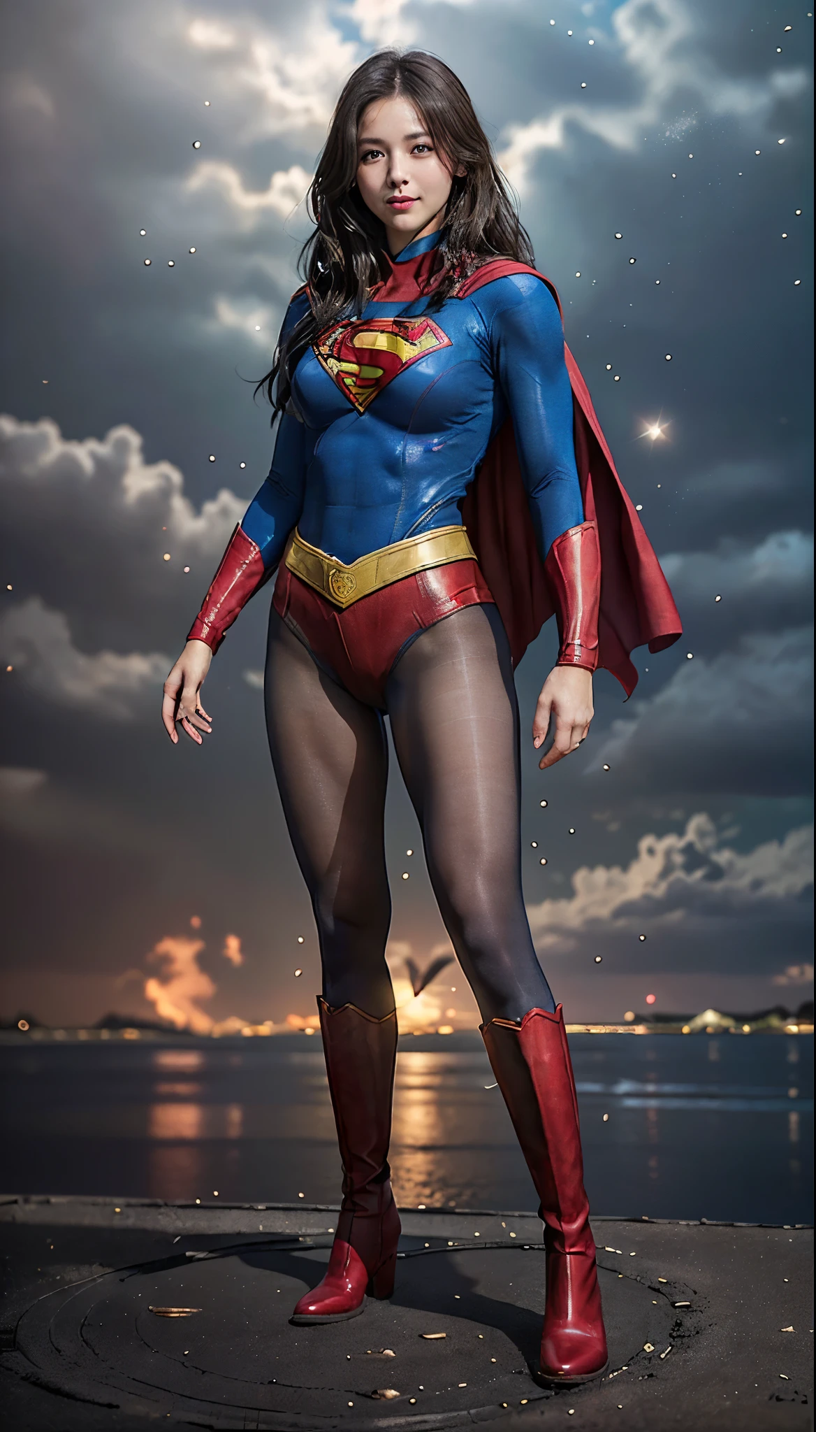 No background、(((Beautiful legs in black tights.)))、(((Legally express the beauty of your smile)))、((((Make the most of your original images)))、(((体にぴったりフィットするSupergirl Costume)))、(((Supergirl Costume)))、(((Beautiful hairstyle)))、(((She is winking cutely.)))、(((Please wear black tights....、Wear red boots)))、((Best image quality、8k))、((highest quality、8k、masterpiece:1.3))、(((Preserve background )))、Sharp focus:1.2、Beautiful woman with perfect figure:1.4、Slim Abs:1.2、Wet body:1.5、Highly detailed face and skin texture、8k