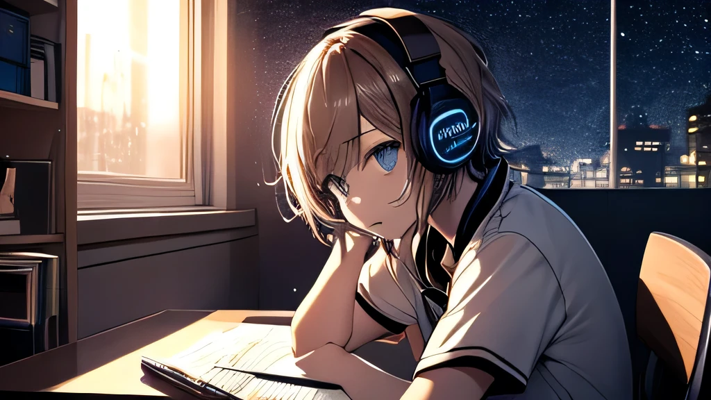 (Highly detailed CG Unity 8k wallpaper), The most beautiful works of art in the world, One girl, Short sleeve,Upper Body,Midnight、A girl studying at a desk with a pencil，Hair color is dark brown，short hair,Over ear headphones，Starry sky in the window