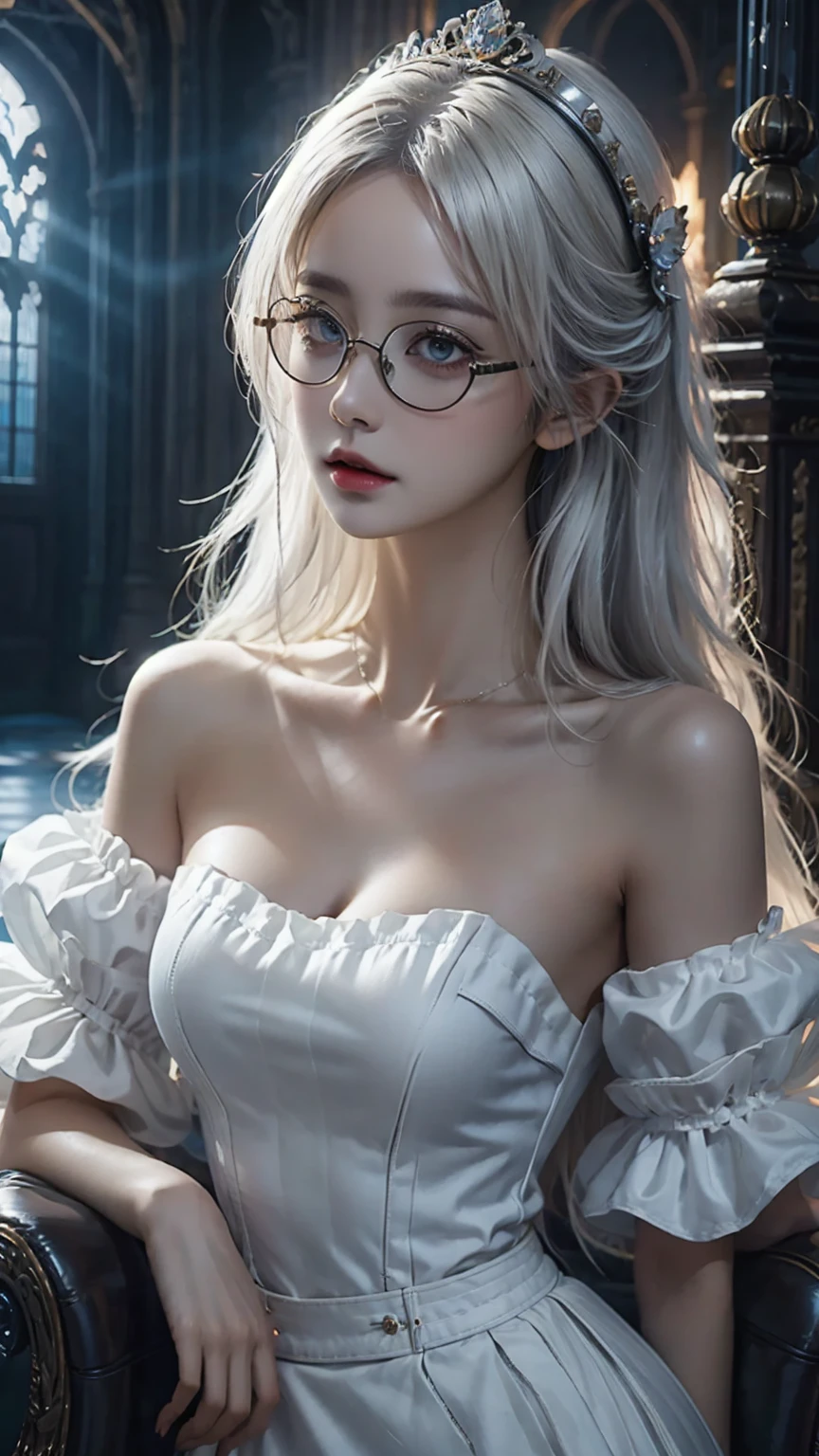 (in the darkness: 1.6),Surrealist female portrait, fantasy art, photorealism, dynamic lighting, art station, poster, Volumetric lighting, Very detailed faces, 4K, won,, 1 girl, in the darkness, deep shadow, low profile, Denim lens set: 1.4), long hair, white hair, broken into pieces, luxurious palace, royal style, (wear glasses),(hair accessories), (nsfw), (naked:1.5)