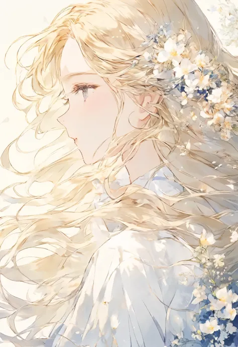 wonderful、smooth blonde hair、Hair blowing in the wind、close your eyes、profile、universe、flower