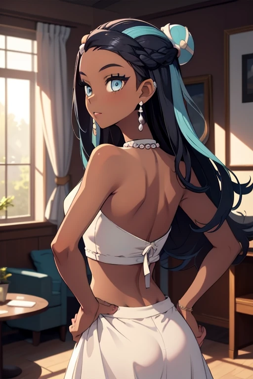 masterpiece, best quality, solo, 1girl, nessadress, dark skin, standing, hand on hip, single hair bun, white dress, midriff, bare midriff, crop top, from behind, (backless), (bare back), sleeveless, long skirt, pearl necklace, earrings, indoors, ballroom 