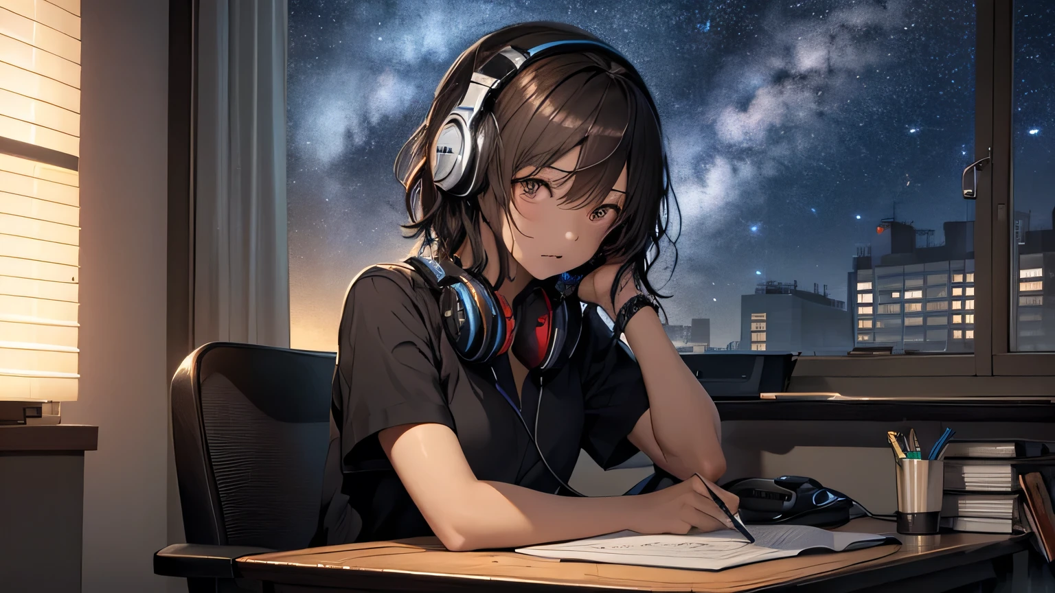 (Papel de parede CG Unity 8k altamente detalhado), as mais belas obras de arte do mundo, Uma garota, manga curta,tronco,Meia-noite、Uma garota estudando em uma mesa com um lápis，A cor do cabelo é castanho escuro，cabelo curto,Fones de ouvido，Céu estrelado na janela