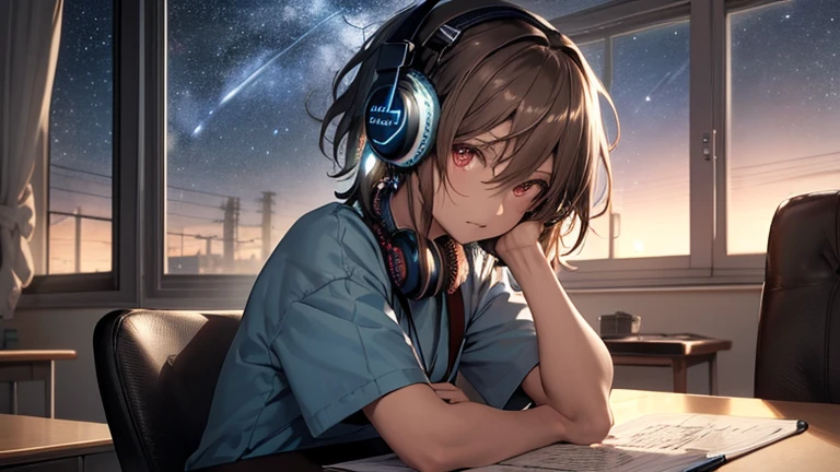 (Highly detailed CG Unity 8k wallpaper), The most beautiful works of art in the world, One girl, Short sleeve,Pastel colored clothes,Upper Body,Midnight、A girl studying at a desk with a pencil，Hair color is dark brown，short hair,Over ear headphones，Starry sky in the window