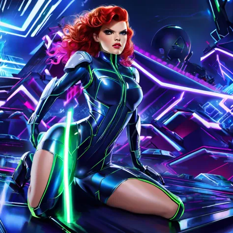 a sassy, obnoxious red-haired dominatrix woman, (sandra bernhard age 25), in a tron-inspired futuristic sci-fi setting, punishin...