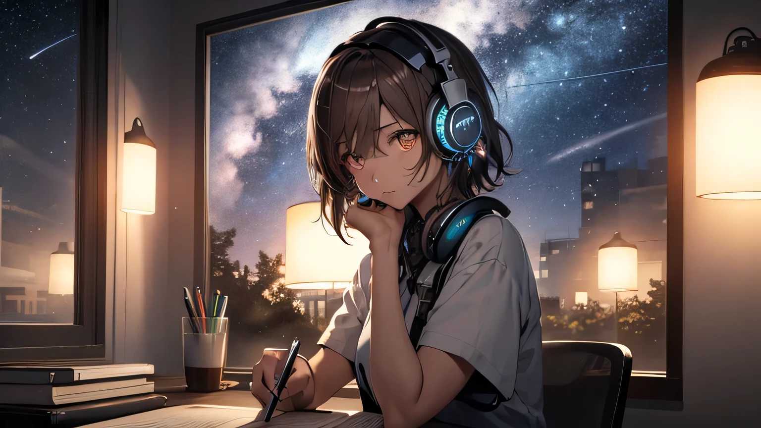 (Papel de parede CG Unity 8k altamente detalhado), as mais belas obras de arte do mundo, Uma garota, manga curta,Roupas em tons pastéis,tronco,Meia-noite、Uma garota estudando em uma mesa com um lápis，A cor do cabelo é castanho escuro，cabelo curto,Fones de ouvido，Céu estrelado na janela