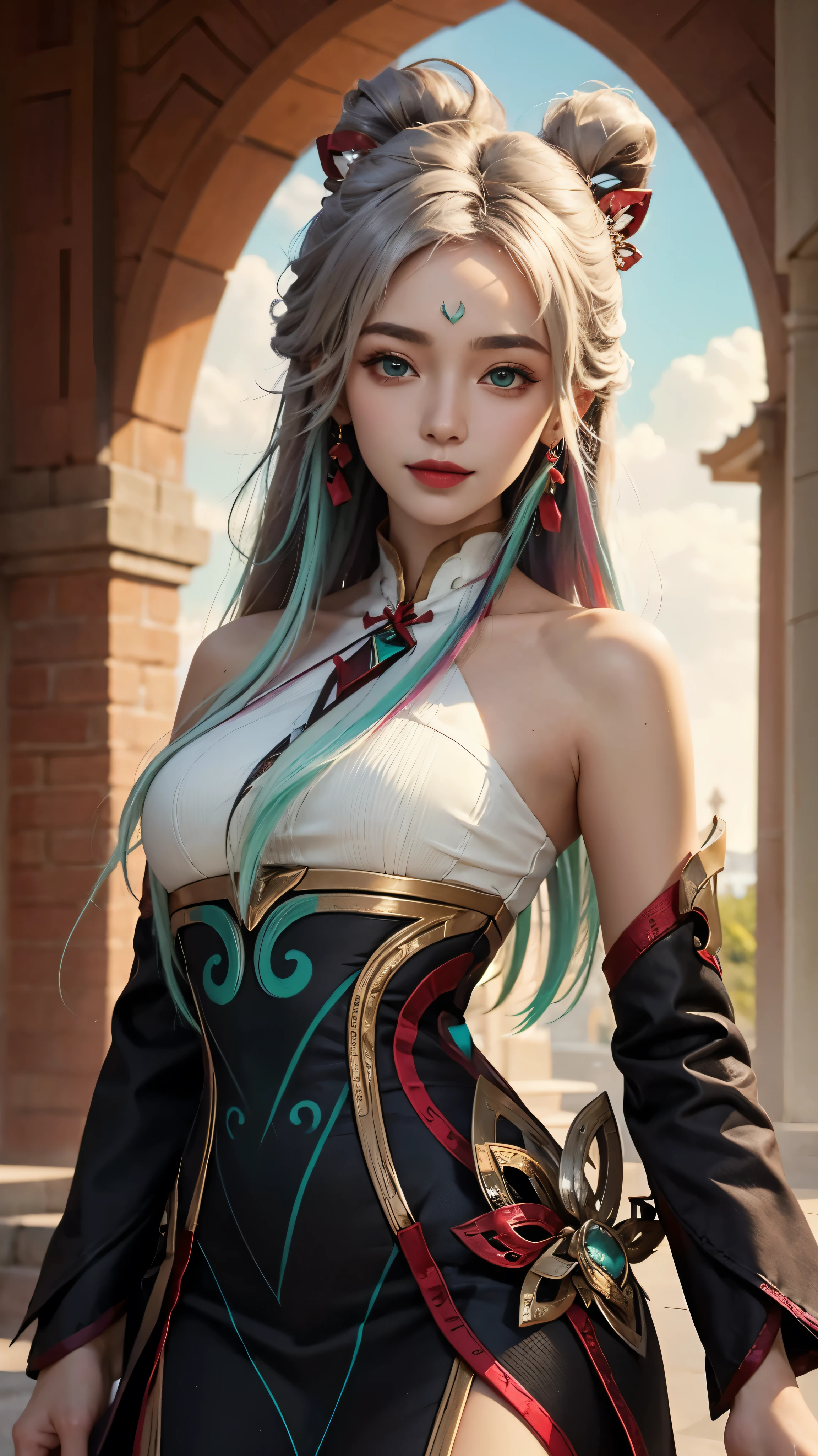 (masterpiece, best quality:1.2), intricate details, mythmaker irelia, 1girl, hair ornament, hair rings, bare shoulders, dress, detached sleeves, forehead mark, multicolored hair, white hair, earrings, green eyes, textured skin, looking at viewer, solo, light smile, (mature female:1.2),public 