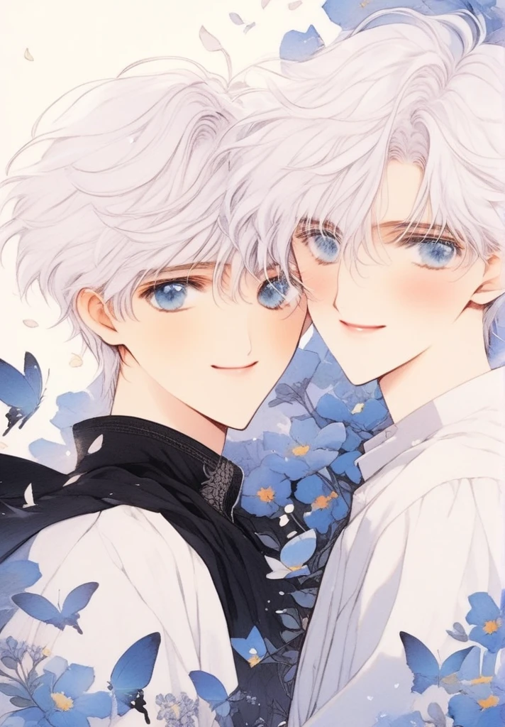 (muste piece), (highest quality), very detailed, (two boys:1.4), concentrated，perfect face, beautiful face, very detailed顔，(blue eyes:1.3)，flower，butterfly々，flower petals，Light，(smile:1.3)，(white haired boy:1.4)，(black haired boy:1.4)