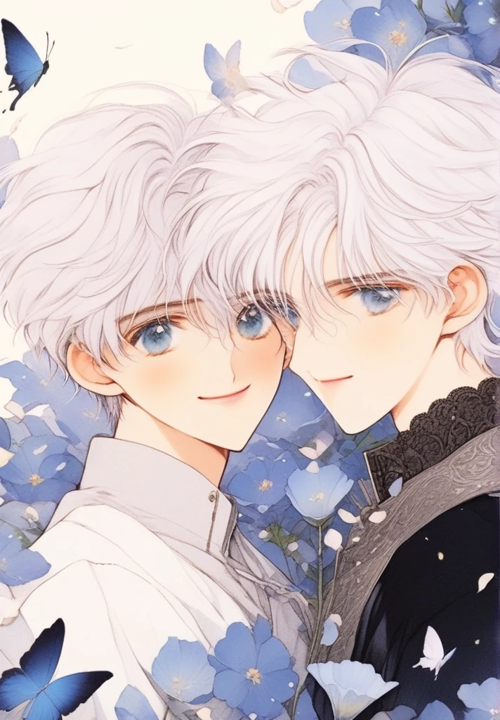 (muste piece), (highest quality), very detailed, (two boys:1.4), concentrated，perfect face, beautiful face, very detailed顔，(blue eyes:1.3)，flower，butterfly々，flower petals，Light，(smile:1.3)，(white haired boy:1.4)，(black haired boy:1.4)