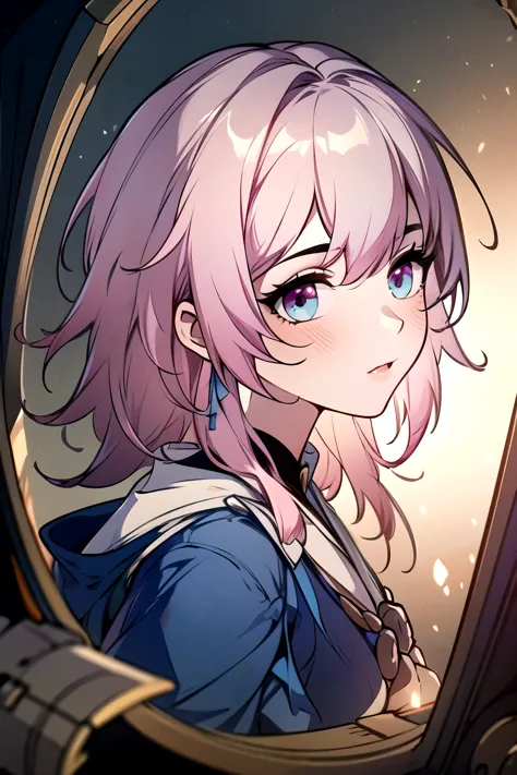 ((best quality)), ((masterpiece)), (detailed), perfect face. Asian girl. Pink hair. Blue eyes. 