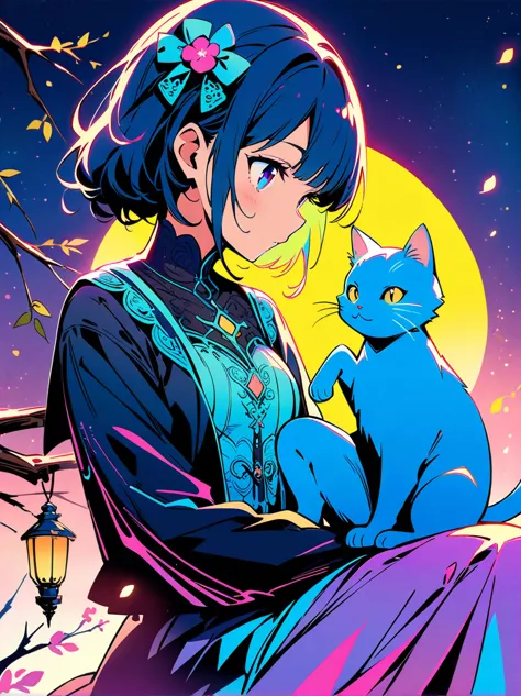 romantic and sweet style，night，backlight，a girl sitting on a branch，holding a blue cat，there is a full moon behind，fresh colors，...