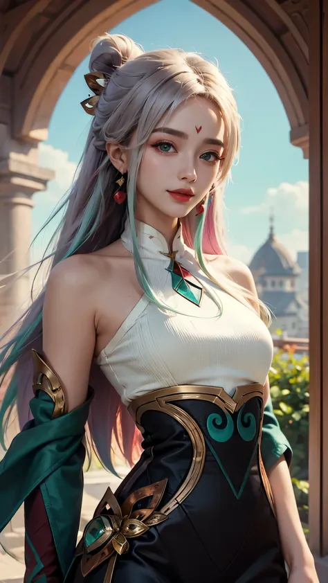 (masterpiece, best quality:1.2), intricate details, mythmaker irelia, 1girl, hair ornament, hair rings, bare shoulders, dress, d...