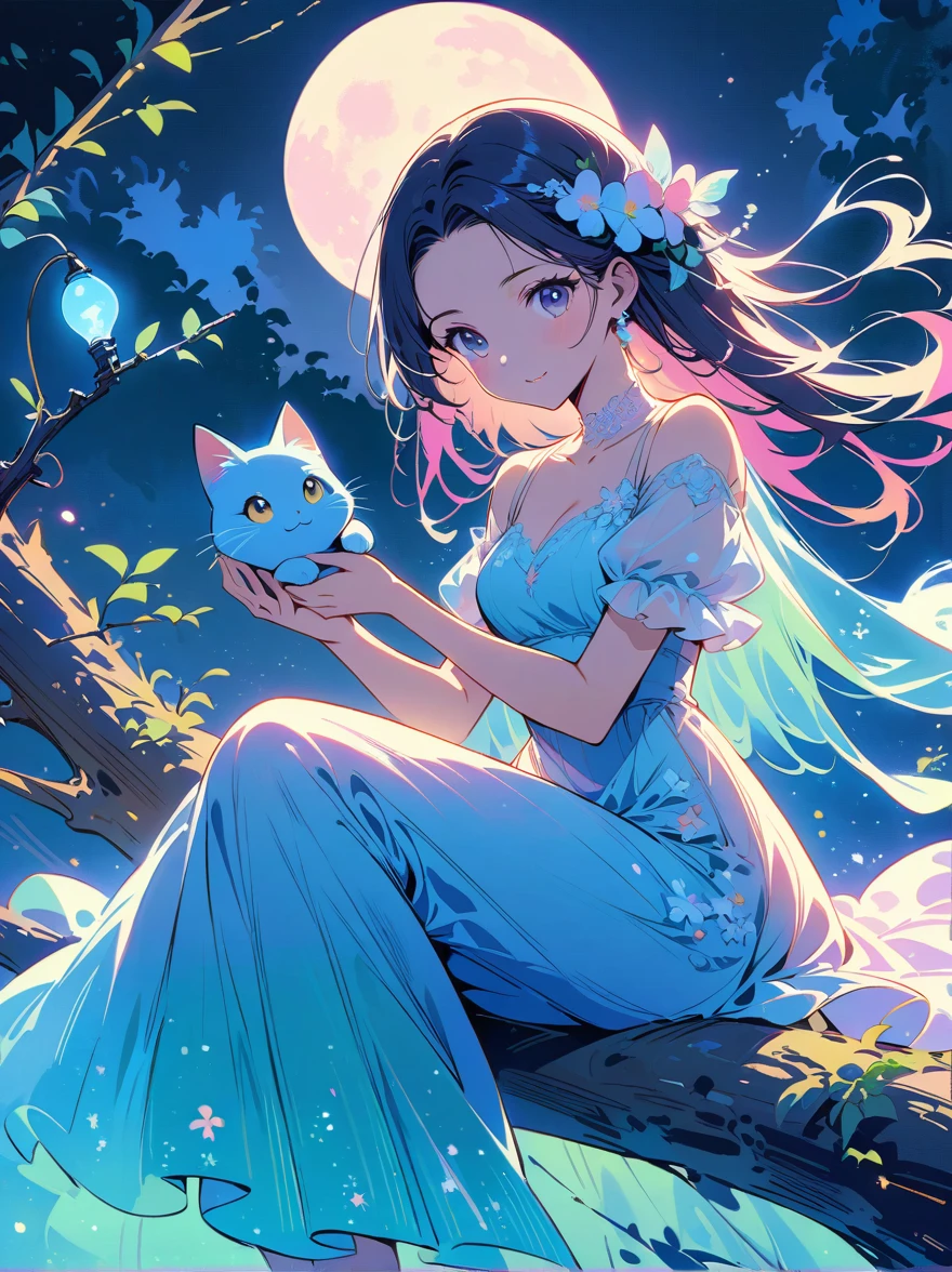 Romantic and sweet style，night，Backlight，A girl sitting on a branch，Holding a blue cat，There is a full moon behind，Fresh colors，Soft colors，Diode lamp，Concept art style，Extremely complex details，Clear distinction between light and dark，Structured，Ultra HD