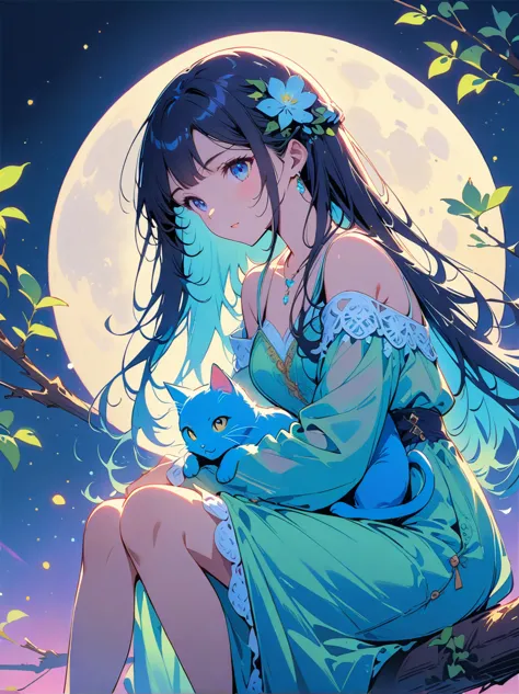 Romantic and sweet style，night，Backlight，A girl sitting on a branch，Holding a blue cat，There is a full moon behind，Fresh colors，...