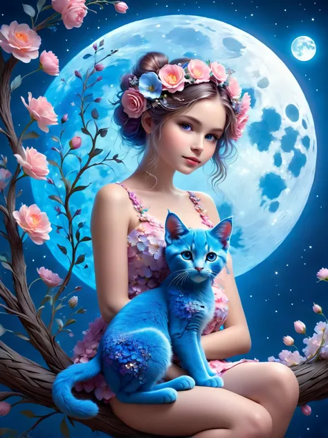 pam-flwr, A cute girl made of flowers sits on a branch，Holding a blue cat，There is a full moon behind，Fresh colors，Soft colors，b...