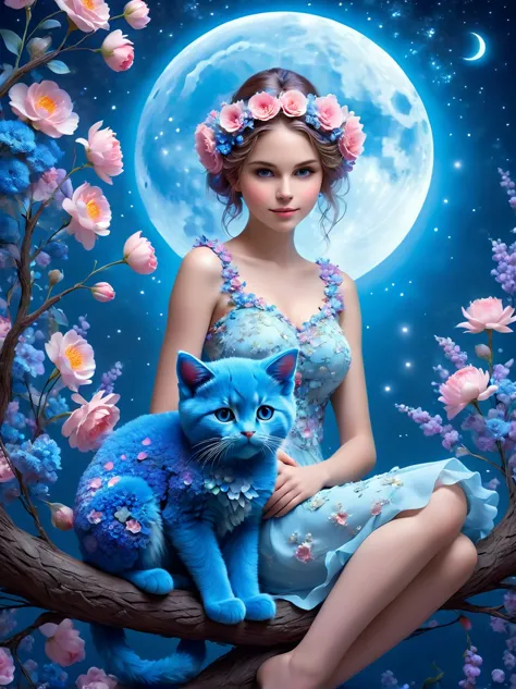 pam-flwr, A cute girl made of flowers sits on a branch，Holding a blue cat，There is a full moon behind，Fresh colors，Soft colors，b...